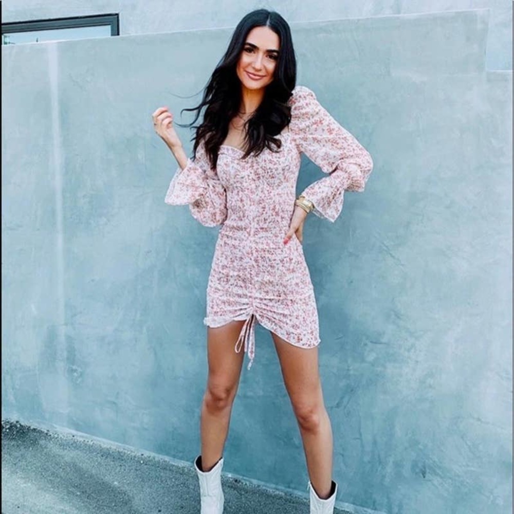 Princess Polly Azure White Floral Smocked Sheer Sleeve Mini Dress Women's Size 0